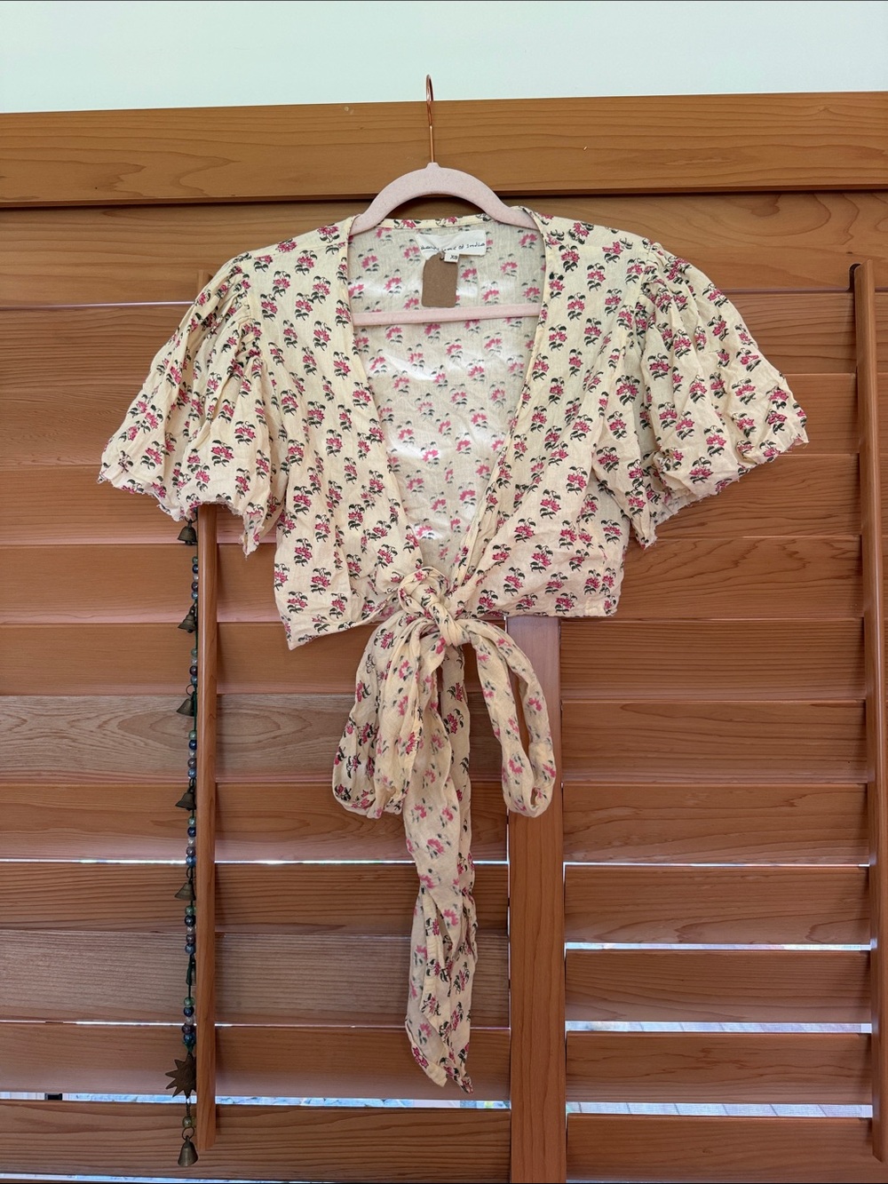 Daughters of India Cream Crop Top with Pink Floral Tie-Front